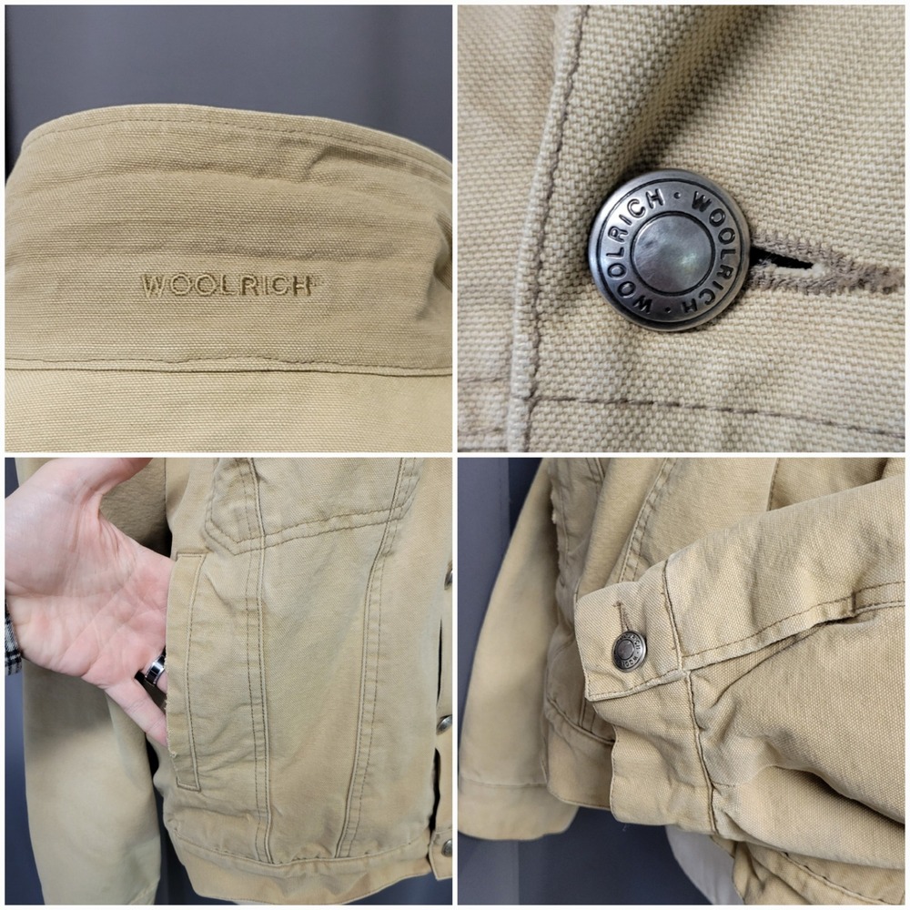 Vintage Woolrich Canvas Trucker Jacket Tan Leather Collar Striped Blanket Lined - Picture 6 of 9